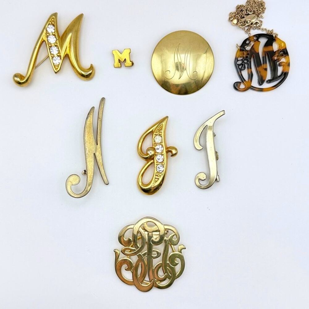 Lot of 8 Vintage Monogram Initals Jewelry Necklace Scarf Clip Brooches M N J